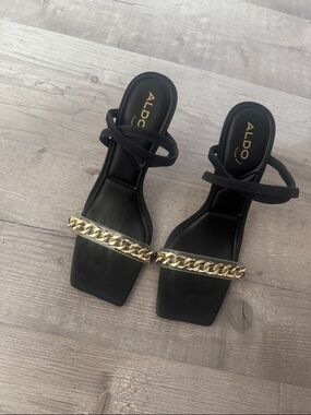 Aldo Black Heeled Sandals with Gold Chain Strap
